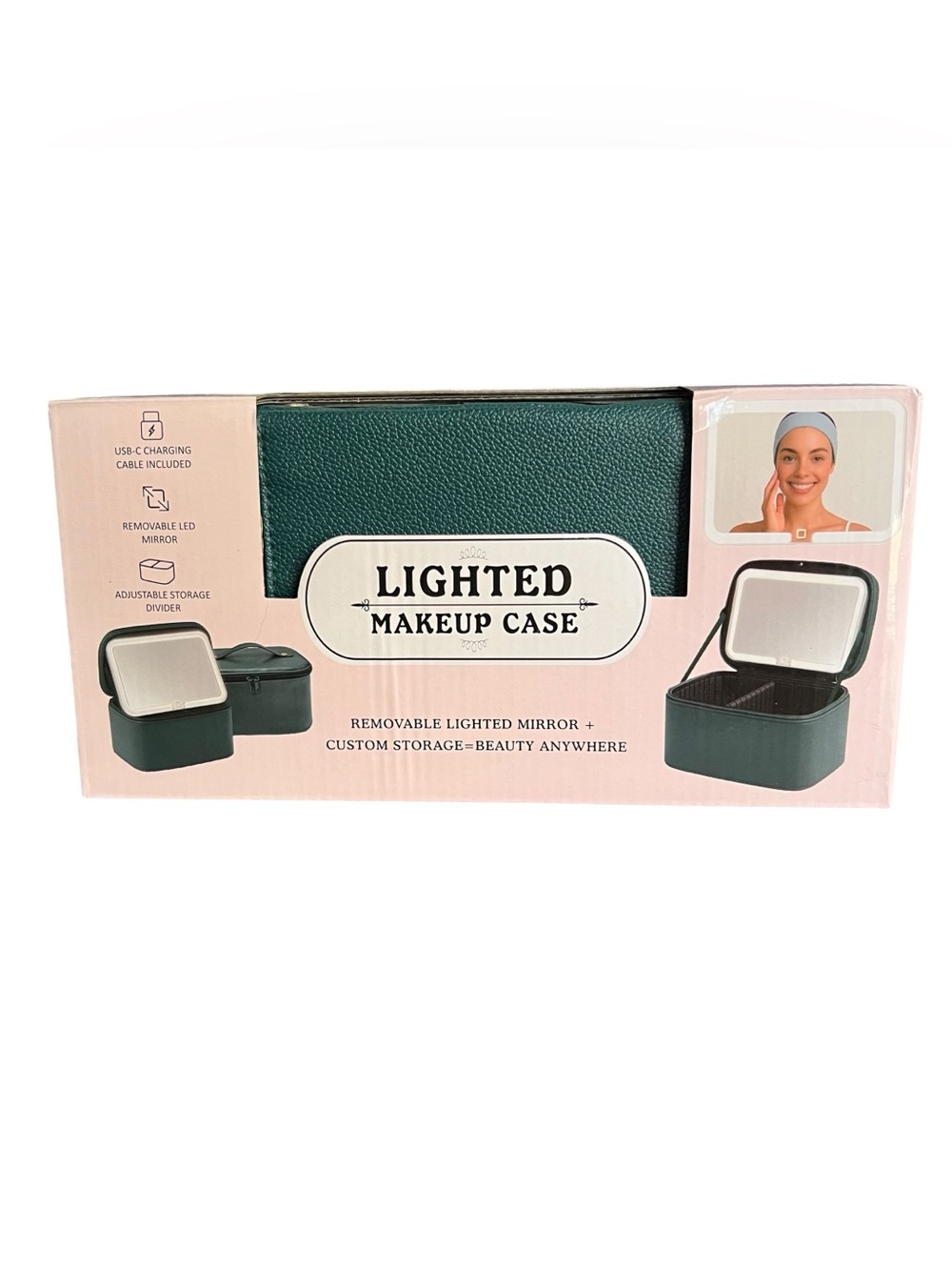 Lighted Makeup Case LED Mirror Travel Cosmetic Organizer Green NIB